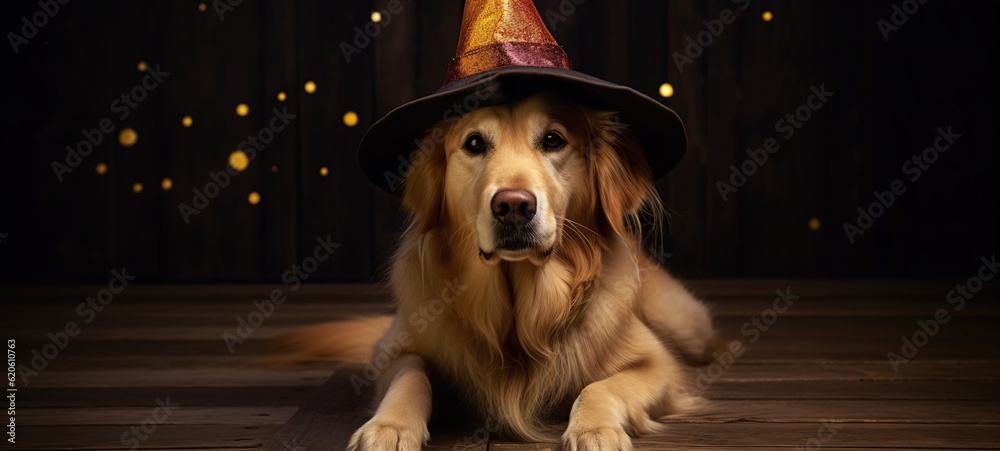 Photographed dog with halloween costume isolated on gray background