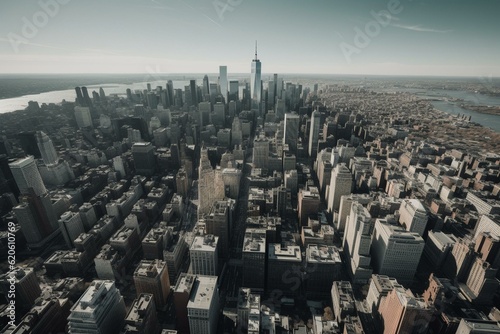 An aerial perspective of Downtown Manhattan s financial area in New York City. Generative AI