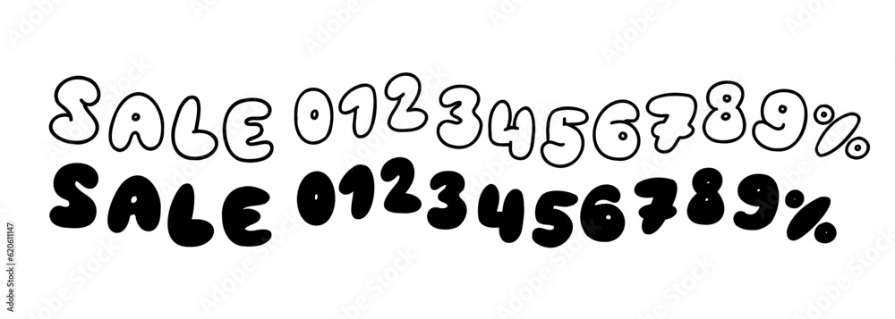 Obraz premium Hand written any percent sale black ink discount logo special offer lettering. Vector design illustration in cartoon flat doodle bubble style isolated on white background. For poster, menu, coupon.