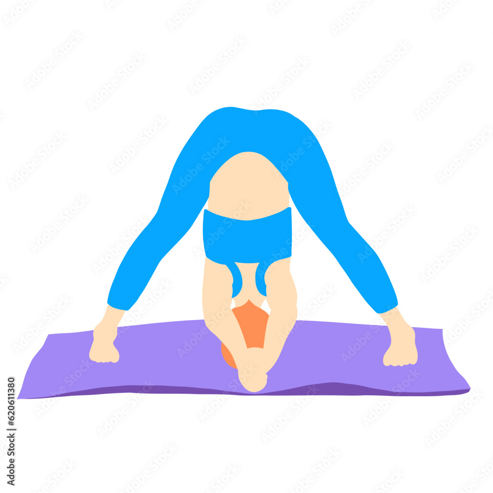 Training in yoga pose of rad hair European girl in blue tracksuit on a