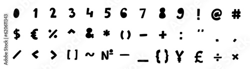 Scribble black special mathematical and other symbols and signs font 0 to 9. Vector illustration in hand drawn cartoon doodle style isolated on white background. For card, learning, logo, decorating.