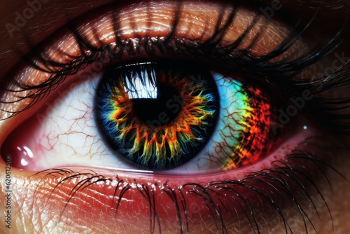 Illustration of a vibrant and colorful eye with a mesmerizing rainbow-colored iris, created using generative AI