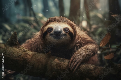 Adorable sloth in enchanted woods. Generative AI