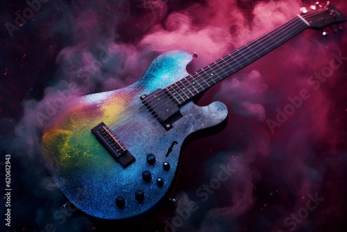 Illustration of an electric guitar with a vibrant and colorful body on a sleek black background, created using generative AI