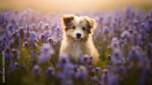 Cute border collie puppy sitting in lavender field at sunset.