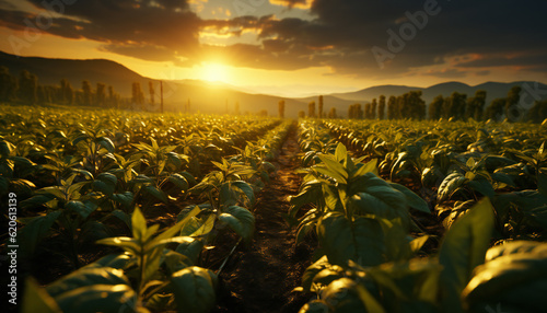 Leinwand Poster Artistic recreation of plantation of peppers plants at sunset