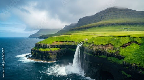 Experience the Majestic Beauty of Mulafossur Waterfall in Faroe Islands, Surrounded by Mountains, Sky, and Ocean for an Unforgettable Vacation: Generative AI