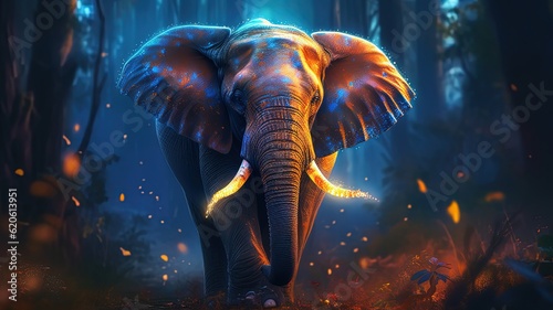 illustration of big elephant walking in night forest, Generaitve Ai © QuietWord