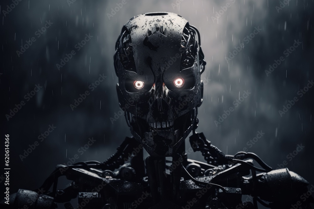 Illustration of a futuristic robot with glowing eyes standing in the rain, created using generative AI
