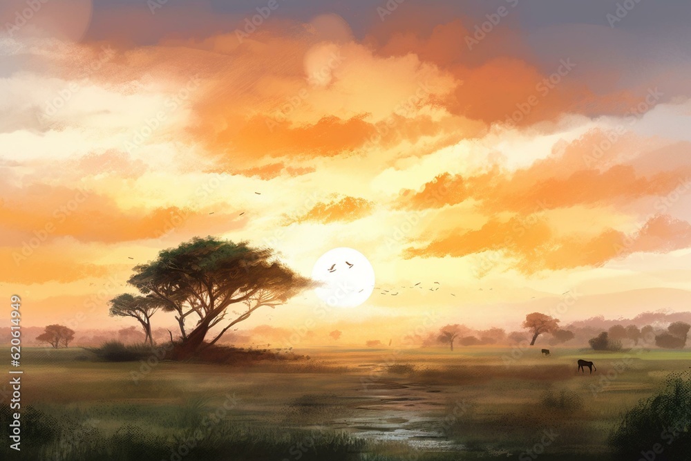 Watercolor illustration of a sunrise on the African savannah landscape. Generative AI