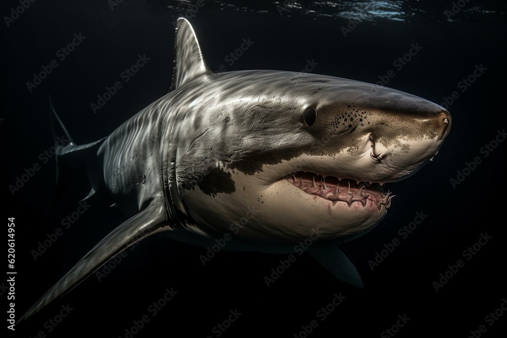 A menacing great white shark on a transparent background. Generative AI