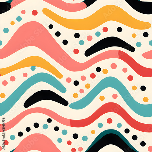 A seamless pattern featuring patterns commonly associated with Pop Art, such as Ben-Day dots, stripes, zigzags, and chevron motifs, in bold and eye-catching colors. 