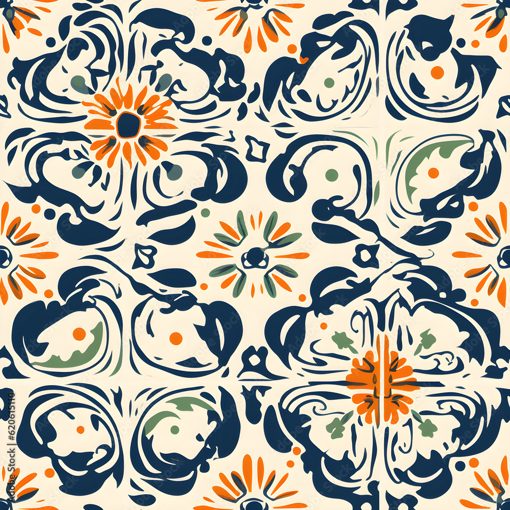 Retro colorful tile in the shape of a flower, in the style of navy, creme and orange, elaborate borders, bold block prints, chicano-inspired, precisionist lines. 
