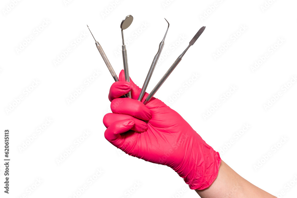 Close-up dentist hands in medical gloves hold dentistry tools, mirror isolated over white background Oral hygiene dental instruments, health care, orthodontic treatment copy space