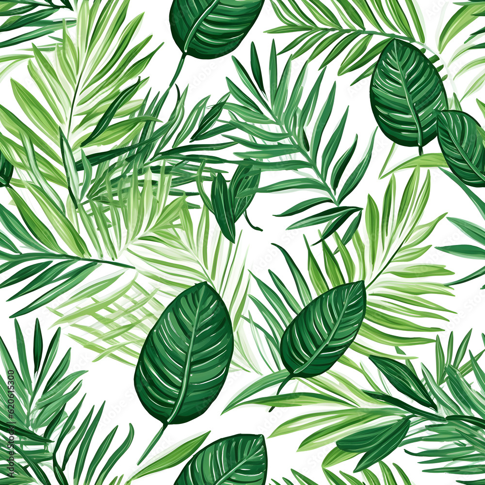 seamless pattern with tropical leaves on a white background, in the style of art of tonga, patchwork patterns, large scale canvases, green academia. Generative AI