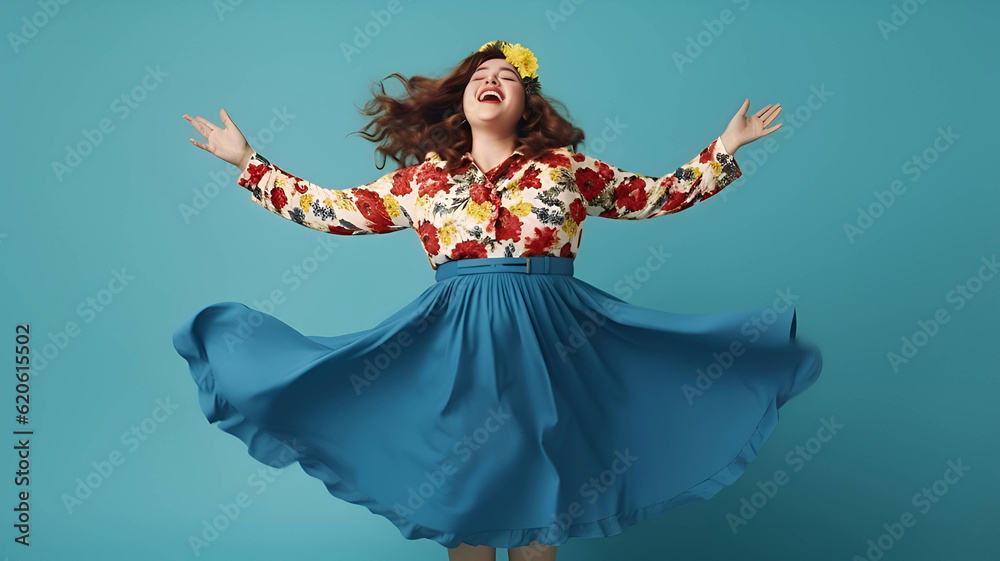 Fototapeta premium Plus size happy plump girl attractive overweight model on blue background with arms outstretched in happiness jumping up, ai generated