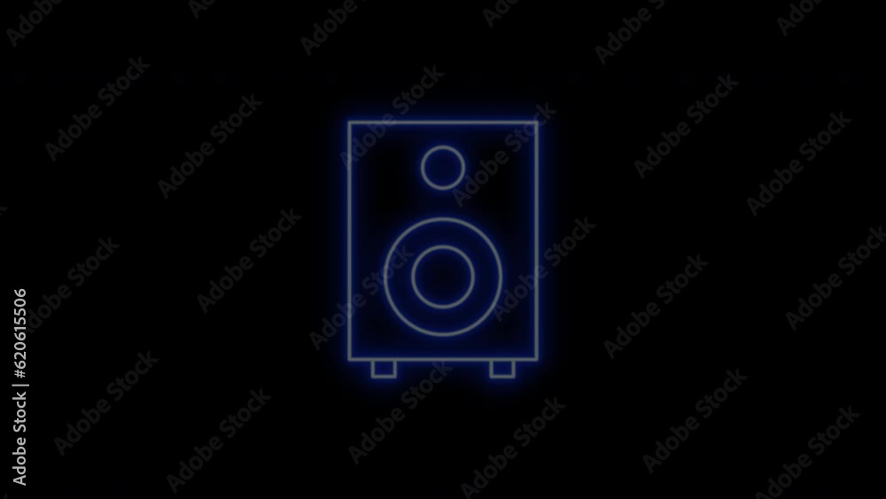 Music speakers animation, neon glowing on black background. Music speakers animation, neon glowing on black background.