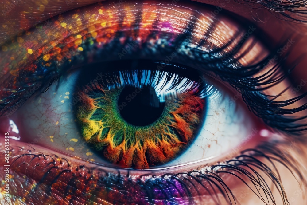 Illustration of a close-up of a person's eye with a vibrant and multicolored iris created using generative AI