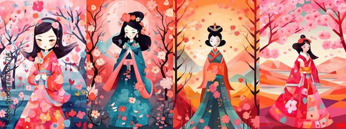 children book style illustration art cartoon character, cute Asian princess in flower garden collection set, Generative Ai