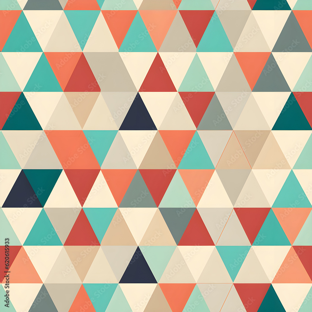 A clean and minimal pattern featuring a grid of simple geometric triangle shapes, arranged in a repetitive and symmetrical layout. retro color scheme. Generative AI A clean and minimal pattern featuring a grid of simple geometric triangle shapes, arranged in a repetitive and symmetrical layout. retro color scheme. Generative AI