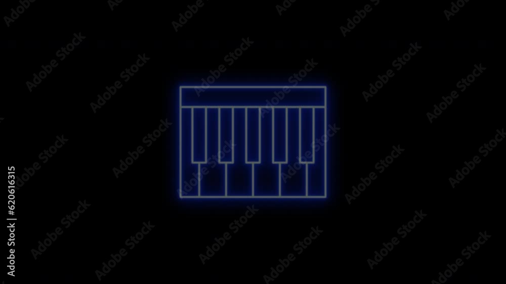 Musical keyboard animation, neon glowing on black background.
