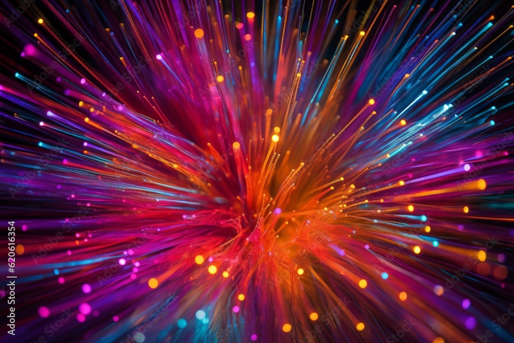 Illustration of a vibrant and dynamic explosion of colorful lights in a dark background, created using generative AI Illustration of a vibrant and dynamic explosion of colorful lights in a dark background, created using generative AI