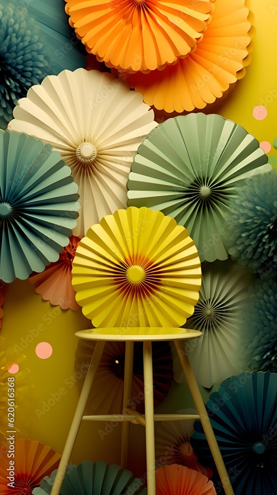 Obraz premium yellow, green Graduation paper holiday fans. New Year holiday, birthday background. Decorative object. AI generated