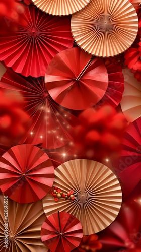 red graduation paper holiday fans. New Year holiday  birthday background. Decorative object. AI generated