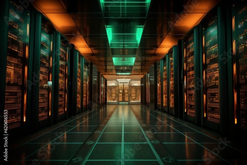 Illustration of a long hallway filled with rows of servers, created using generative AI