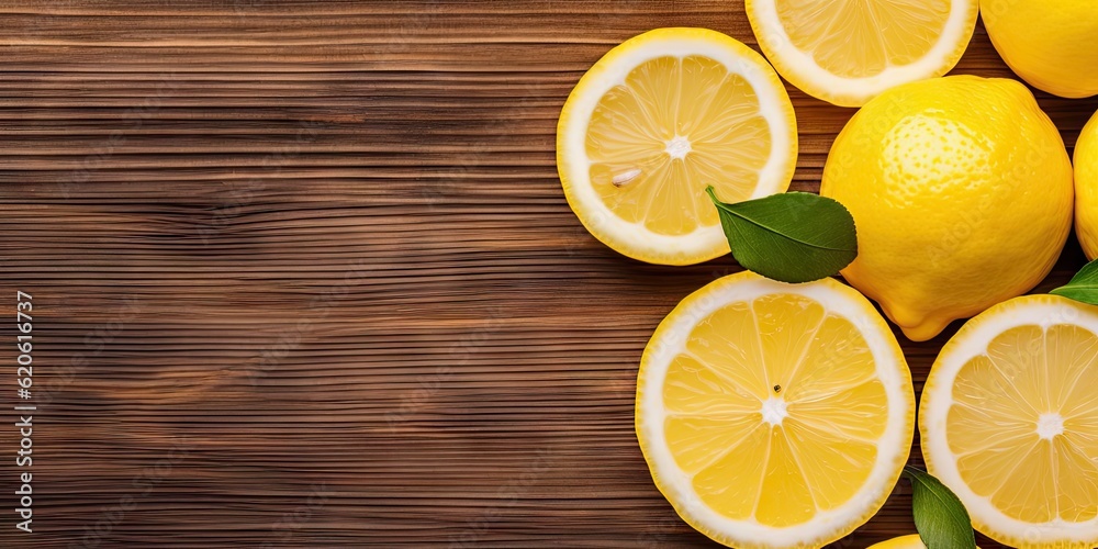 Citrus refreshment. Closeup of top view of fresh fruit and lemon slice on a wooden table with copy space Citrus refreshment. Closeup of top view of fresh fruit and lemon slice on a wooden table with copy space