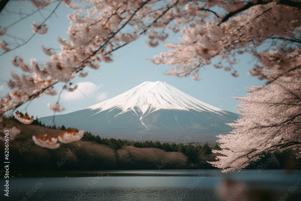 Cherry blossoms beside Mount Fuji. Generative AI