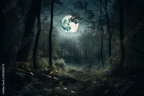 A stunning full moon provides bright illumination above a mystical forest in the dark of the night. Generative AI