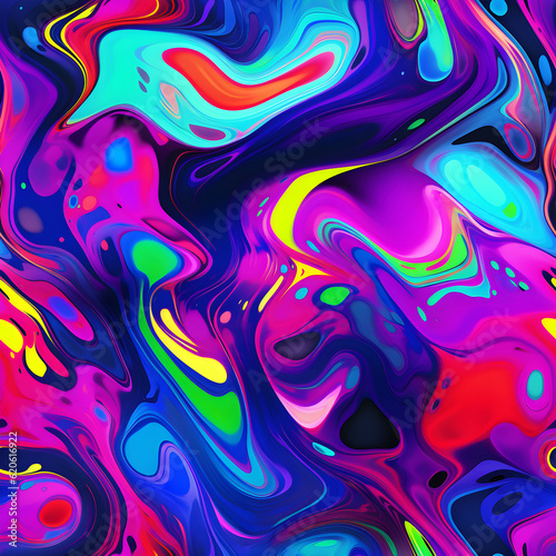 A seamless digital art with oil slick pattern in bright neon colors. Generative AI