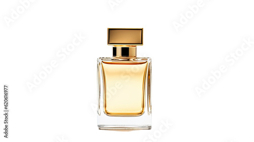 A gold glass bottle containing men's eau de parfum is seen on a transparent background. It is a fragrance for men and comes in a spray form. This modern luxury parfum de toilette includes hints of