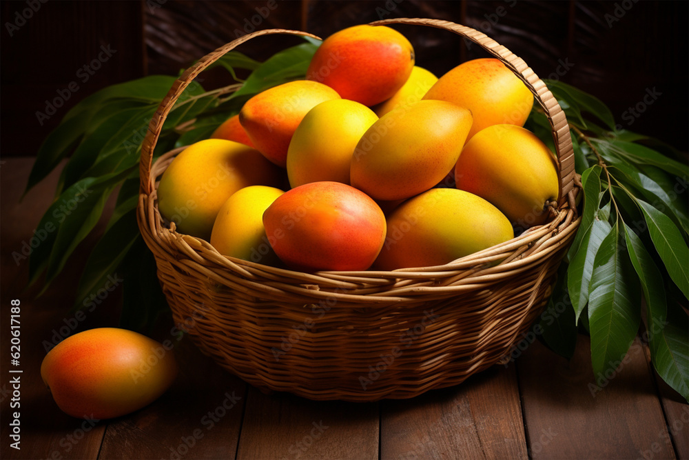 mangoes in a bamboo basket on a wooden background