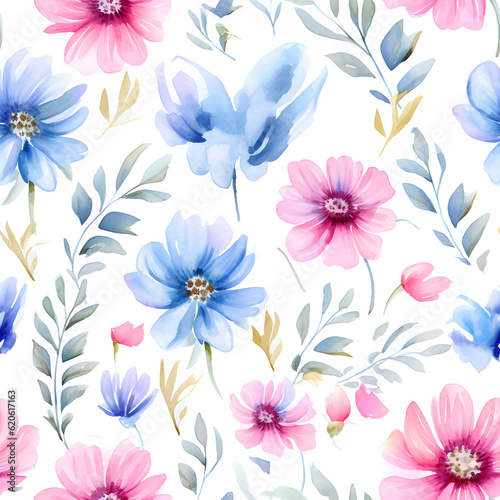 A seamless pattern Digital art aquarell flowers on white background. Generative AI