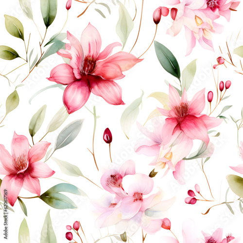 A seamless pattern Digital art aquarell flowers on white background. Generative AI
