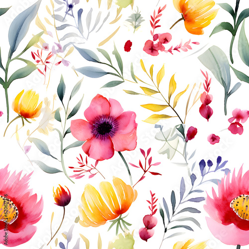 A seamless pattern Digital art aquarell flowers on white background. Generative AI