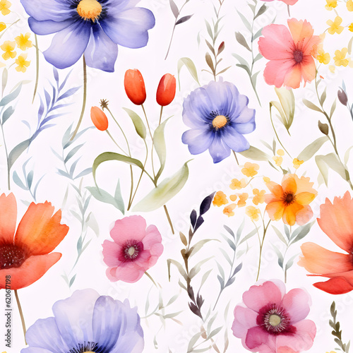 A seamless pattern Digital art aquarell flowers on white background. Generative AI © PSCL RDL