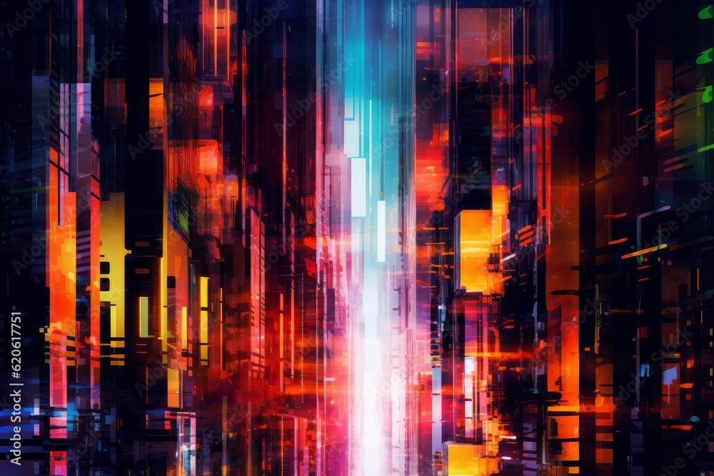 Illustration of an abstract cityscape painting depicting the vibrant nightlife and energy of a bustling metropolis, created using generative AI