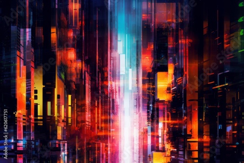Illustration of an abstract cityscape painting depicting the vibrant nightlife and energy of a bustling metropolis  created using generative AI