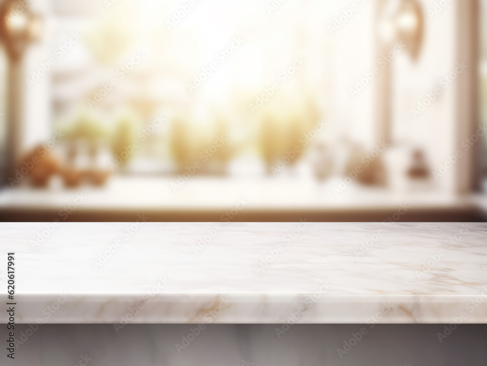 Clean and Elegant: Empty White Marble Stone Tabletop with Shelf, Against a Blurred Background. Perfect for Food and Product Display. Generative ai