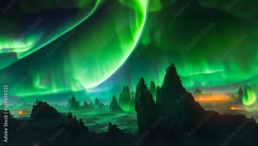 Enchanting Emerald Green Aurora on a Distant Rocky Planet