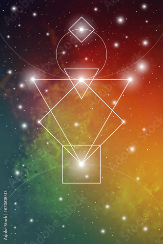 Sacred geometry spiritual new age futuristic illustration with transmutation interlocking circles, triangles and glowing particles in front of cosmic background.