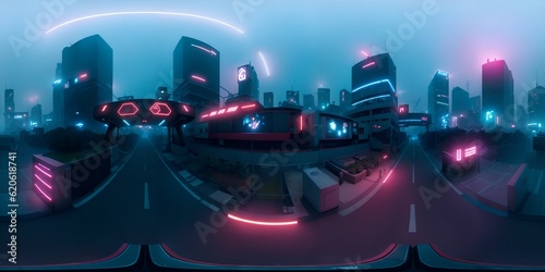 Full 360 degrees seamless spherical panorama HDRI equirectangular projection of Cyberpunk Night City Tron Future. Texture environment map for lighting and reflection source rendering 3d scenes.