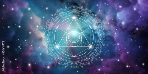 Philosopher stone. Sacred geometry spiritual new age futuristic illustration with transmutation interlocking circles, triangles and glowing particles in front of cosmic background.