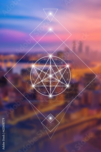 Merkaba. Sacred geometry spiritual new age futuristic illustration with transmutation interlocking circles, triangles and glowing particles