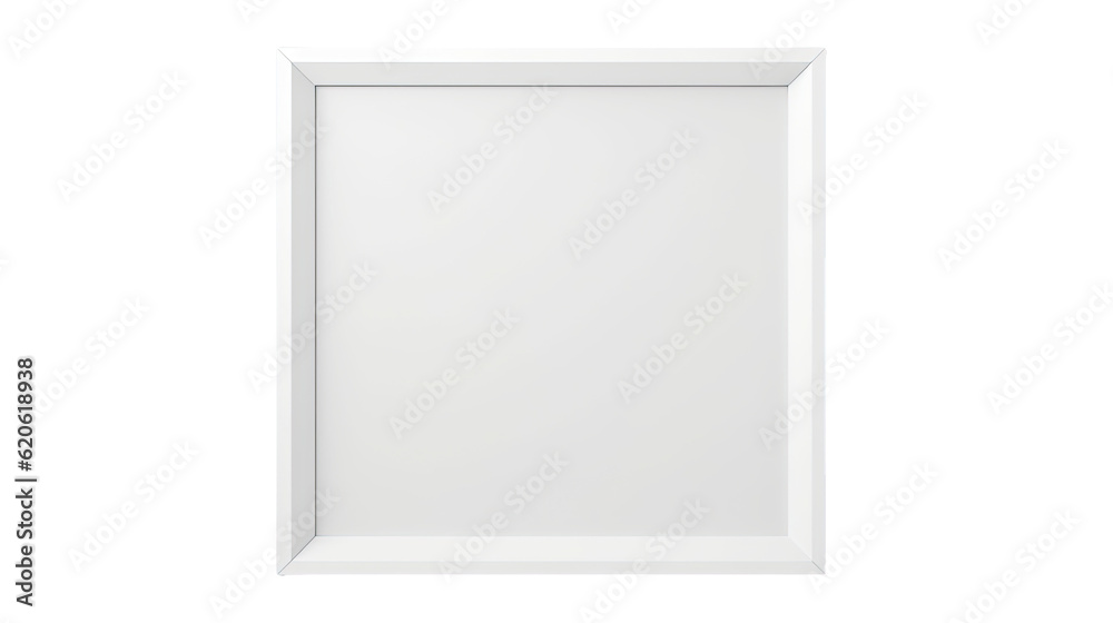 A transparent background showcases a white square picture frame with no content. The frame is empty and displays a realistic appearance. This transparent white frame mockup template is isolated on a