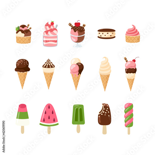 Ice Creams Flat Illustration, Sweet Tasty Desserts, Ice Cream Waffle Cones, Popsicles with Different Toppings Cartoon Vector Illustration