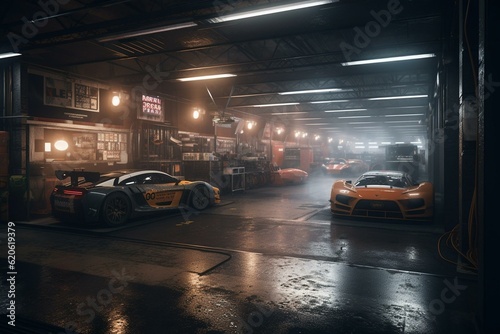 Nighttime race car garage with international track as background  mixed media and 3D rendering. Generative AI